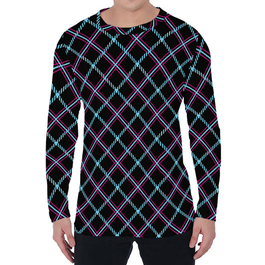 Black Blue And Pink Tartan Pattern Print Men's Long Sleeve T-Shirt