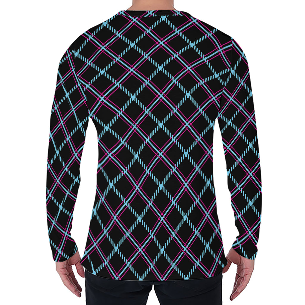 Black Blue And Pink Tartan Pattern Print Men's Long Sleeve T-Shirt