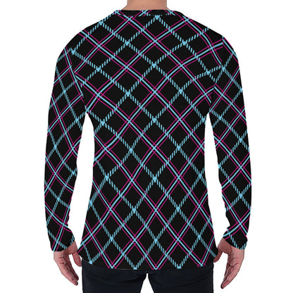 Black Blue And Pink Tartan Pattern Print Men's Long Sleeve T-Shirt