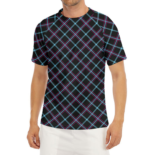Black Blue And Pink Tartan Pattern Print Men's Short Sleeve Rash Guard