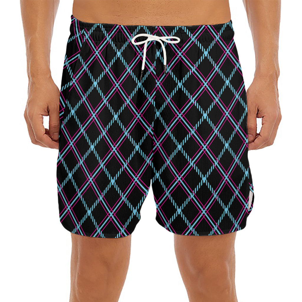Black Blue And Pink Tartan Pattern Print Men's Split Running Shorts