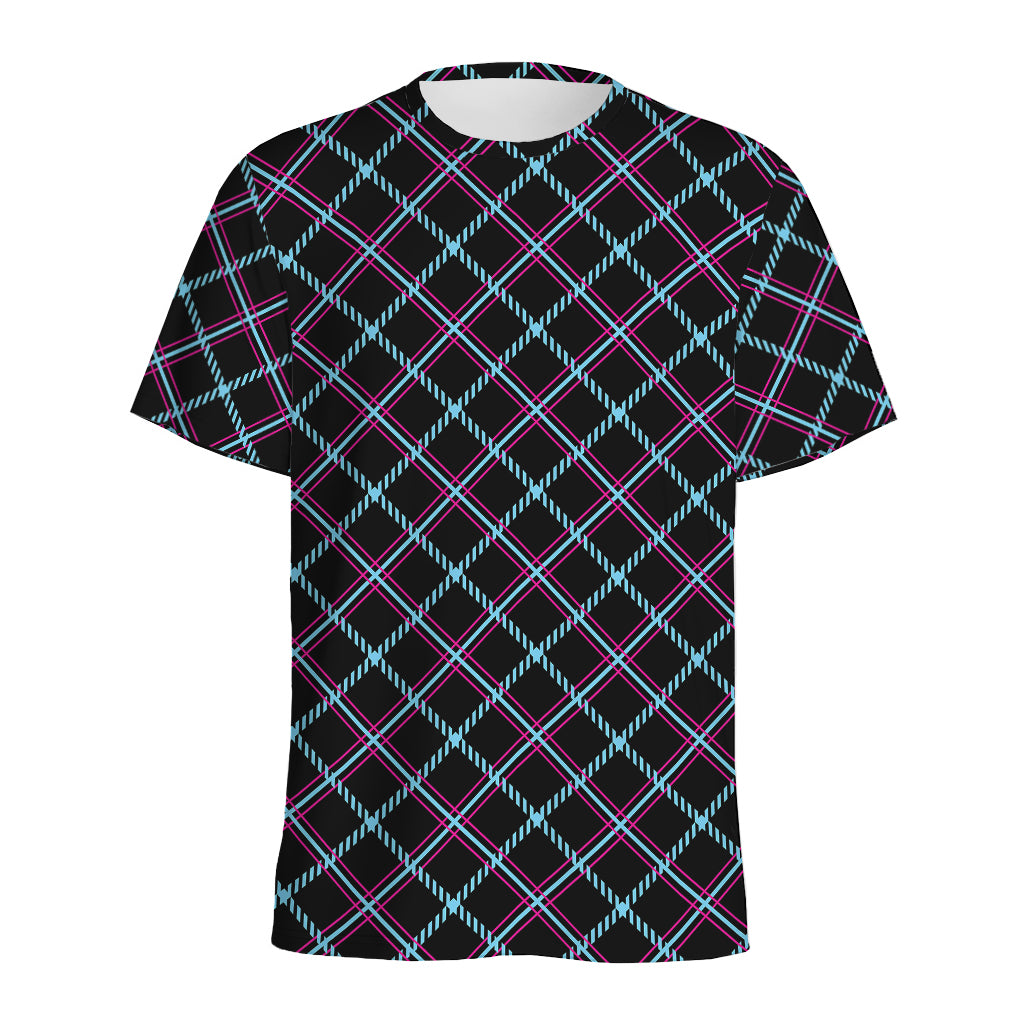Black Blue And Pink Tartan Pattern Print Men's Sports T-Shirt