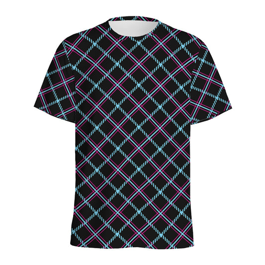 Black Blue And Pink Tartan Pattern Print Men's Sports T-Shirt