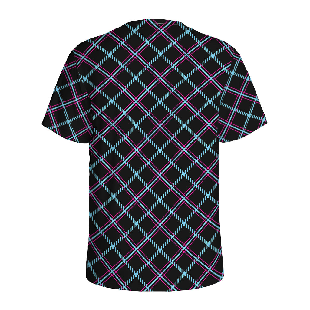 Black Blue And Pink Tartan Pattern Print Men's Sports T-Shirt