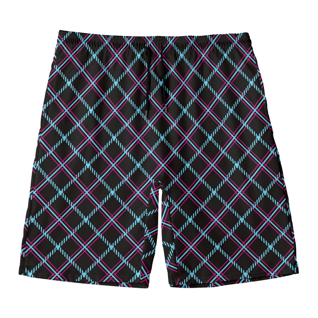 Black Blue And Pink Tartan Pattern Print Men's Swim Trunks
