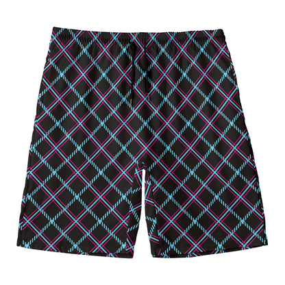 Black Blue And Pink Tartan Pattern Print Men's Swim Trunks