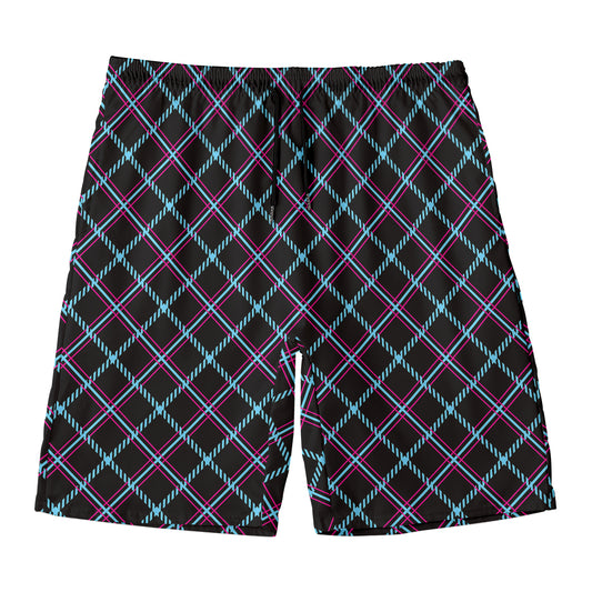 Black Blue And Pink Tartan Pattern Print Men's Swim Trunks
