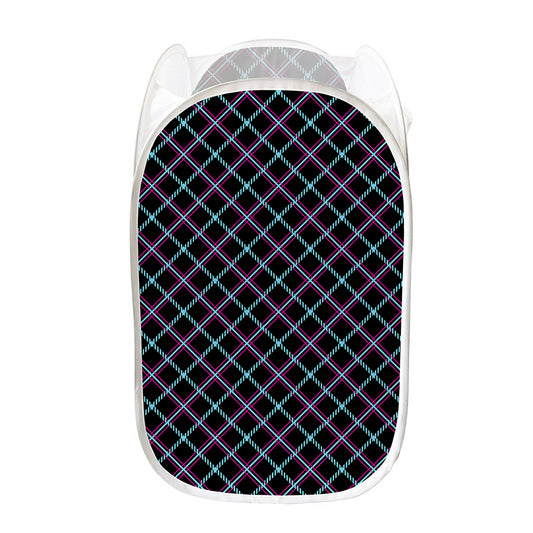 Black Blue And Pink Tartan Pattern Print Mesh Laundry Hamper