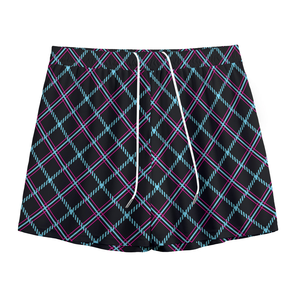 Black Blue And Pink Tartan Pattern Print Mesh Shorts