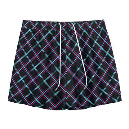Black Blue And Pink Tartan Pattern Print Mesh Shorts