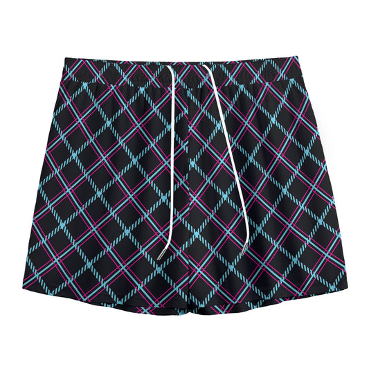 Black Blue And Pink Tartan Pattern Print Mesh Shorts