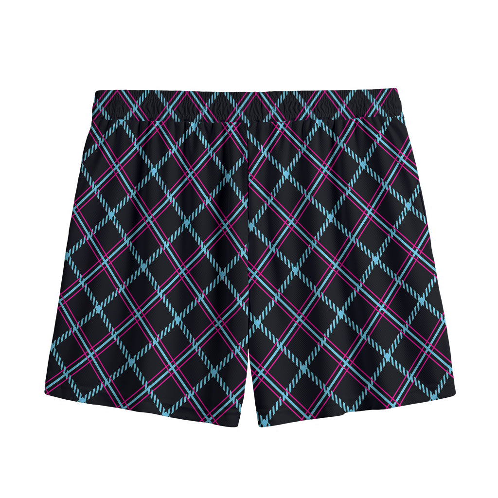 Black Blue And Pink Tartan Pattern Print Mesh Shorts
