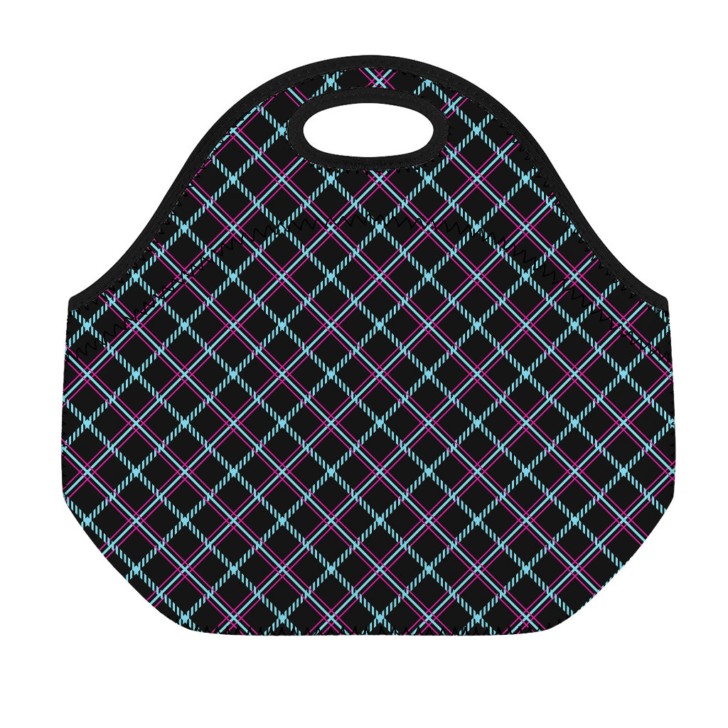 Black Blue And Pink Tartan Pattern Print Neoprene Lunch Bag