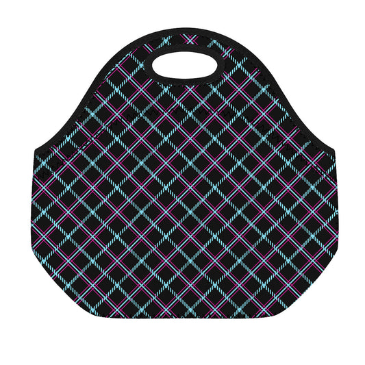 Black Blue And Pink Tartan Pattern Print Neoprene Lunch Bag