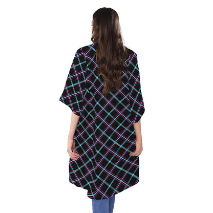 Black Blue And Pink Tartan Pattern Print Open Front Beach Cover Up