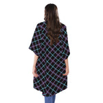 Black Blue And Pink Tartan Pattern Print Open Front Beach Cover Up