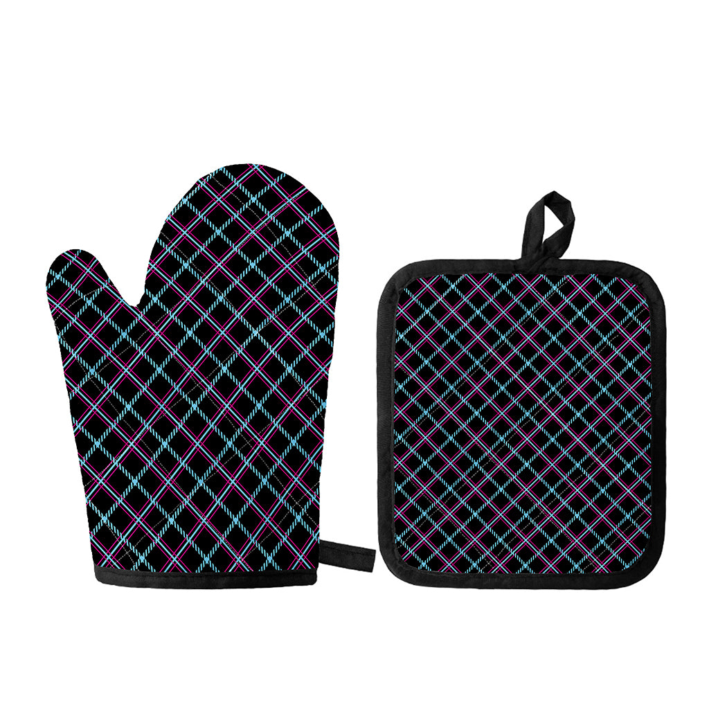 Black Blue And Pink Tartan Pattern Print Oven Mitt And Pot Holder Set