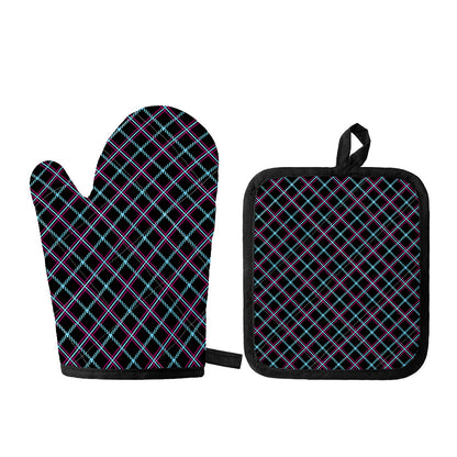 Black Blue And Pink Tartan Pattern Print Oven Mitt And Pot Holder Set