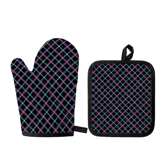Black Blue And Pink Tartan Pattern Print Oven Mitt And Pot Holder Set