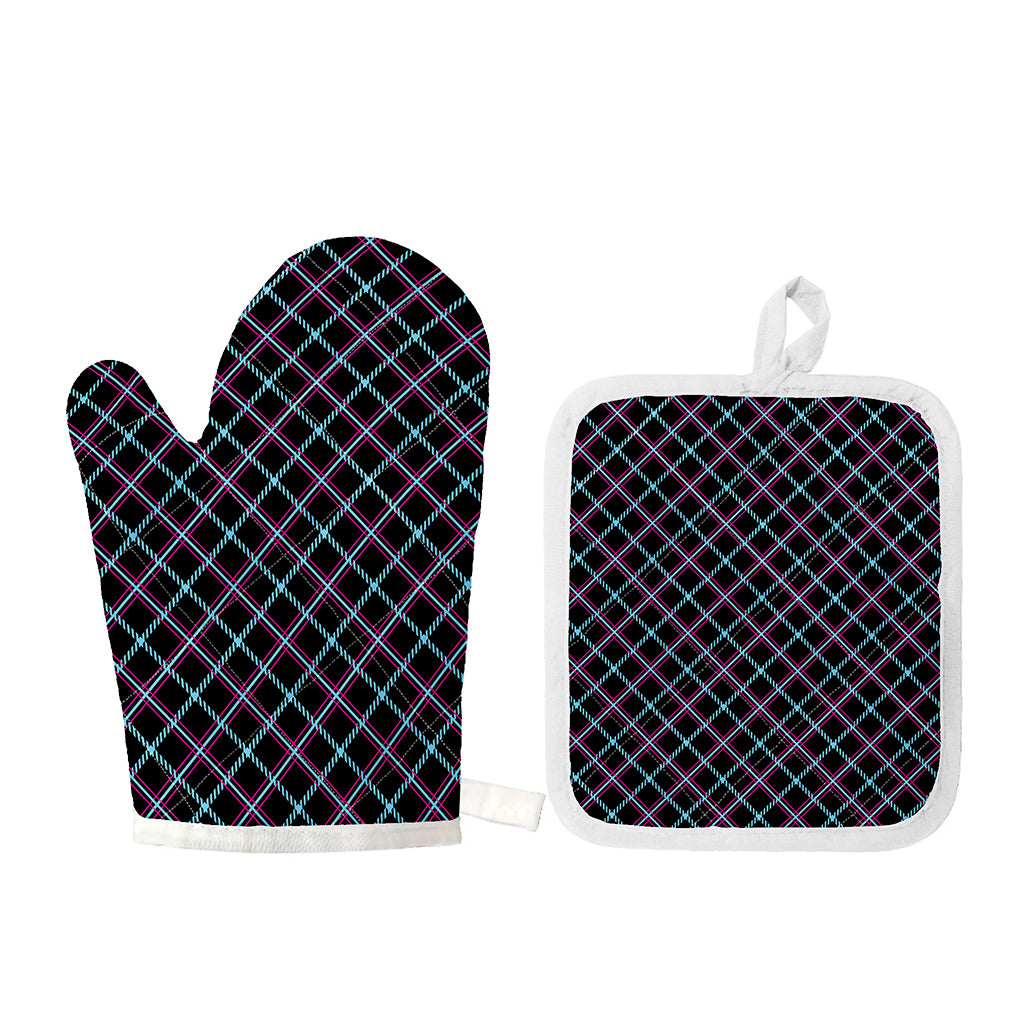 Black Blue And Pink Tartan Pattern Print Oven Mitt And Pot Holder Set