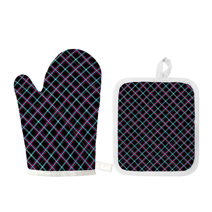 Black Blue And Pink Tartan Pattern Print Oven Mitt And Pot Holder Set