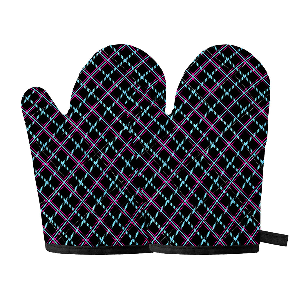 Black Blue And Pink Tartan Pattern Print Oven Mitts