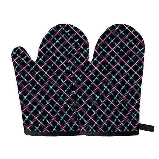 Black Blue And Pink Tartan Pattern Print Oven Mitts