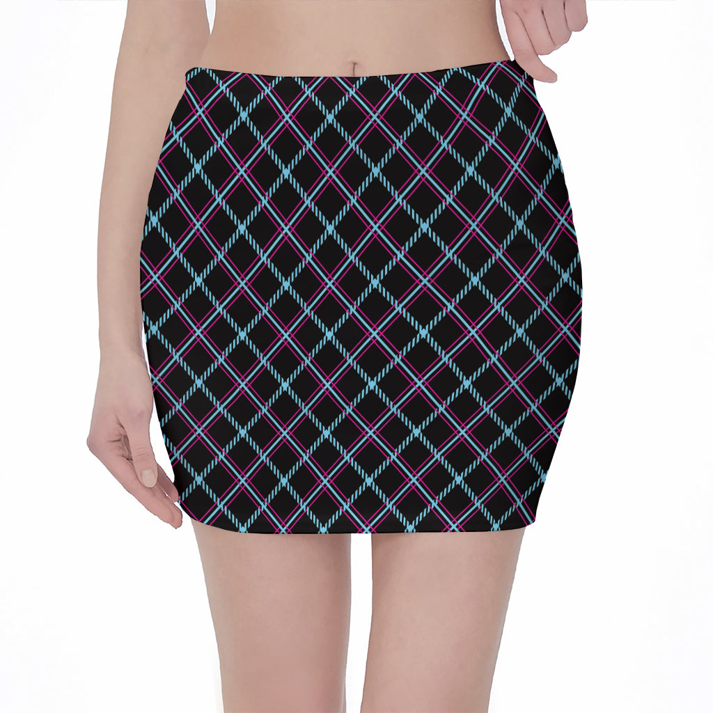 Black Blue And Pink Tartan Pattern Print Pencil Mini Skirt