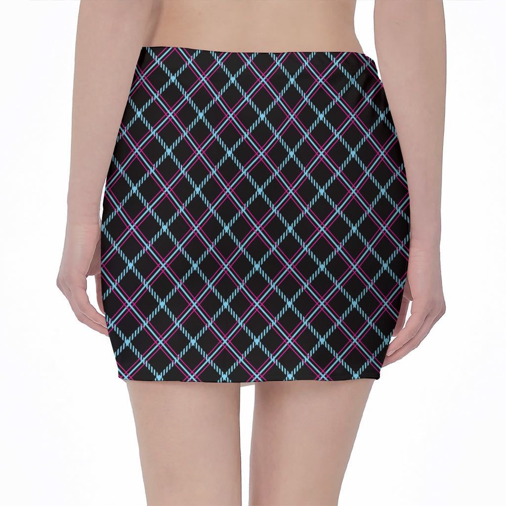 Black Blue And Pink Tartan Pattern Print Pencil Mini Skirt