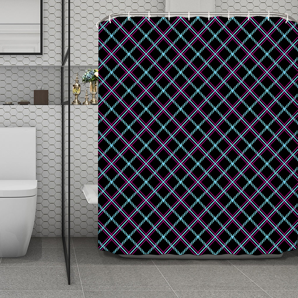 Black Blue And Pink Tartan Pattern Print Polyester Shower Curtain