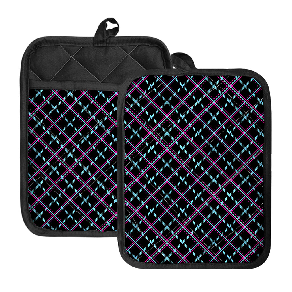 Black Blue And Pink Tartan Pattern Print Pot Holders With Pocket