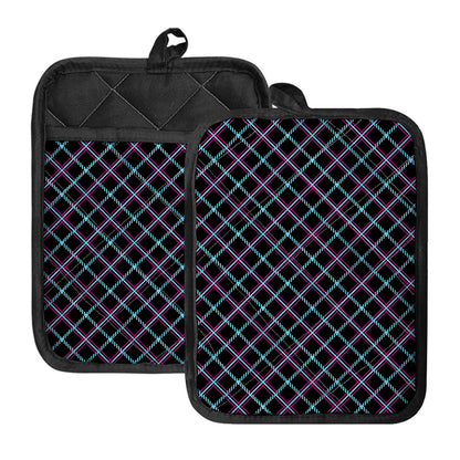 Black Blue And Pink Tartan Pattern Print Pot Holders With Pocket