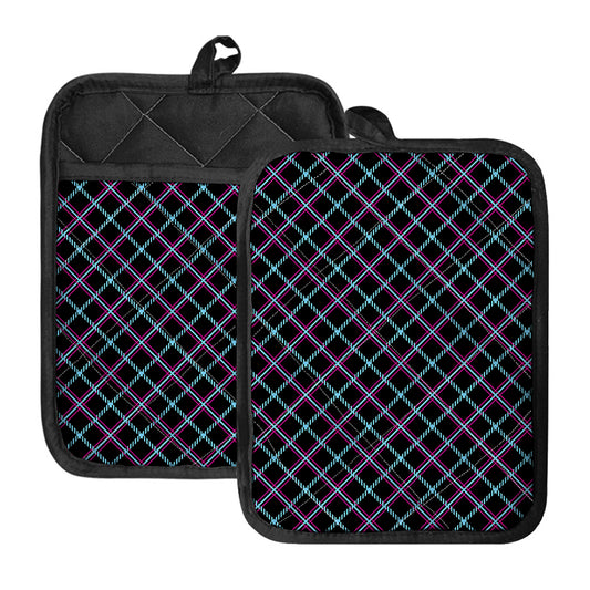 Black Blue And Pink Tartan Pattern Print Pot Holders With Pocket