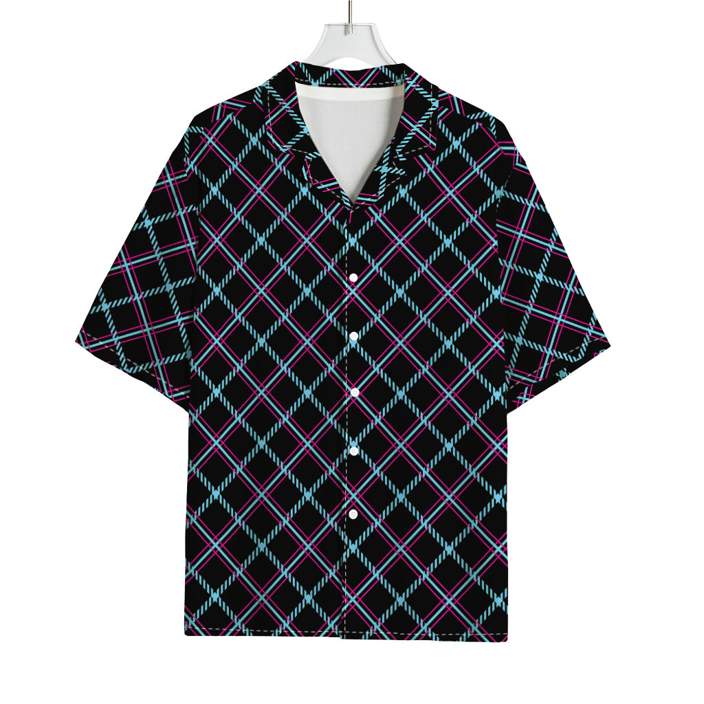 Black Blue And Pink Tartan Pattern Print Rayon Hawaiian Shirt