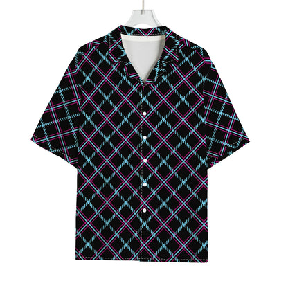 Black Blue And Pink Tartan Pattern Print Rayon Hawaiian Shirt
