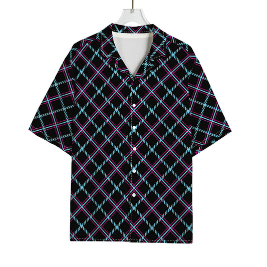 Black Blue And Pink Tartan Pattern Print Rayon Hawaiian Shirt