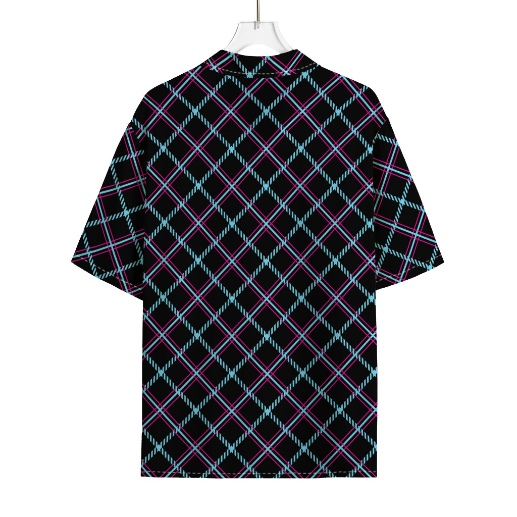 Black Blue And Pink Tartan Pattern Print Rayon Hawaiian Shirt