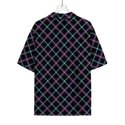Black Blue And Pink Tartan Pattern Print Rayon Hawaiian Shirt