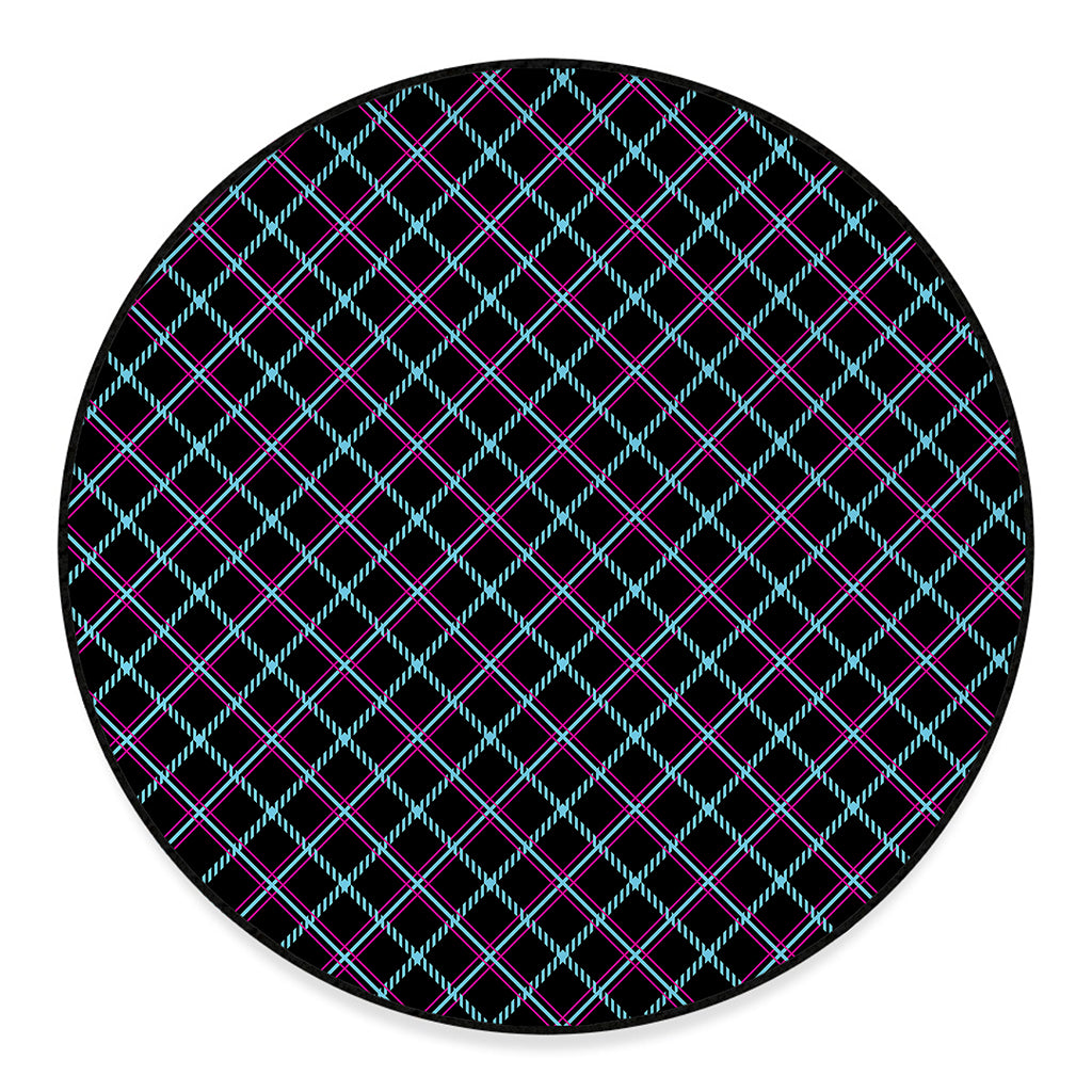 Black Blue And Pink Tartan Pattern Print Round Floor Mat