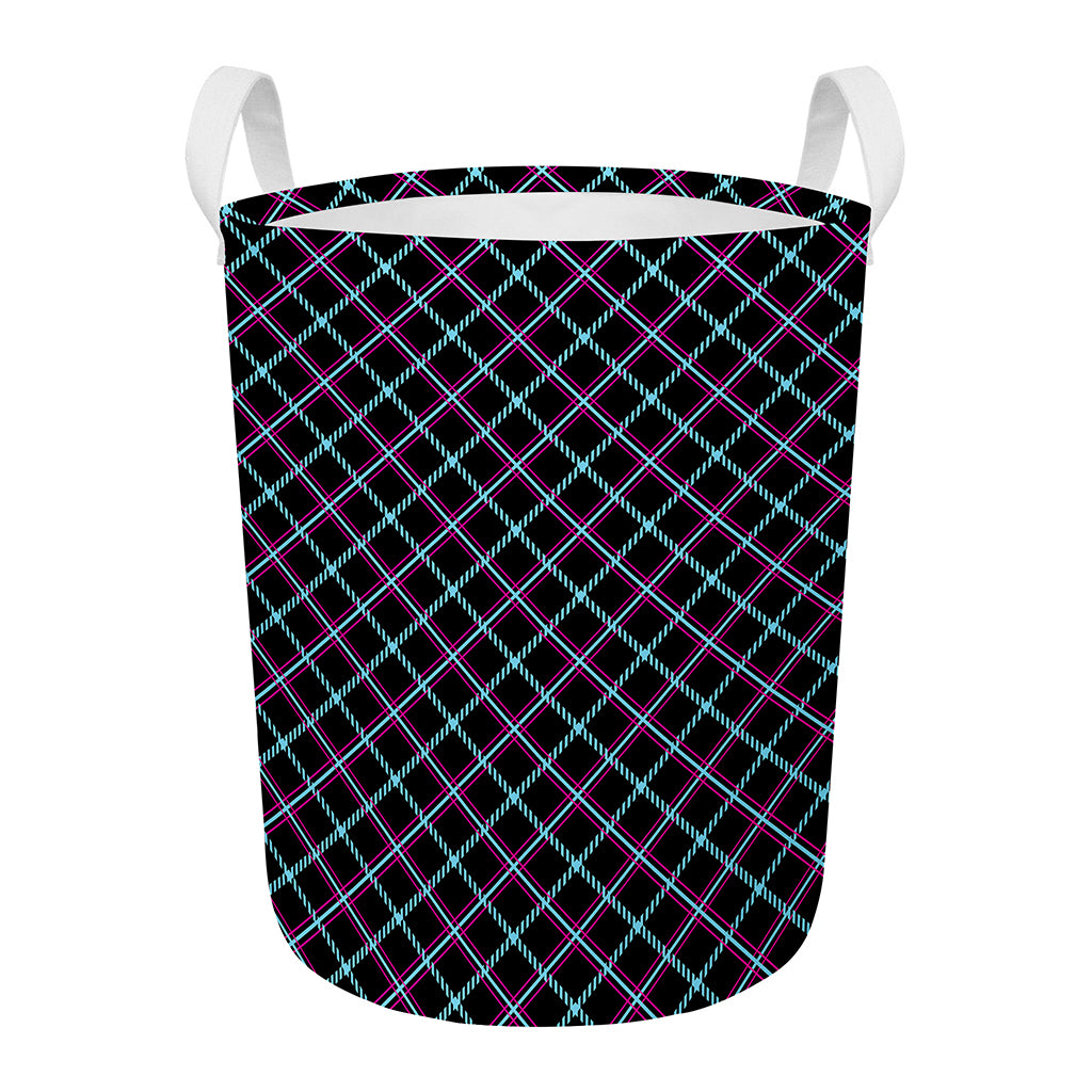 Black Blue And Pink Tartan Pattern Print Round Laundry Basket