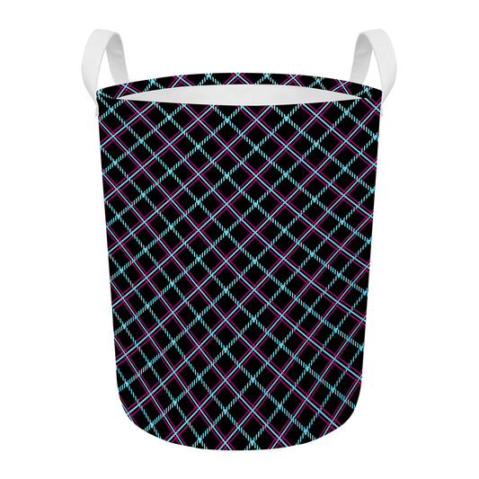 Black Blue And Pink Tartan Pattern Print Round Laundry Basket