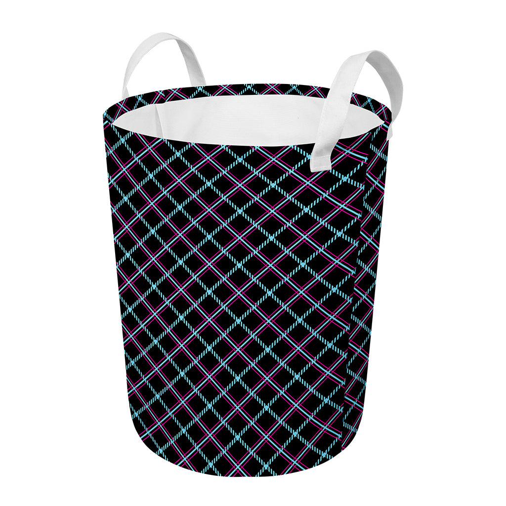 Black Blue And Pink Tartan Pattern Print Round Laundry Basket