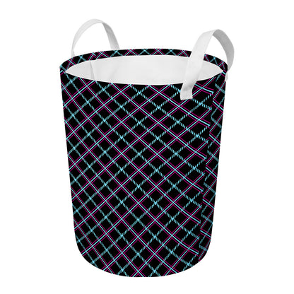 Black Blue And Pink Tartan Pattern Print Round Laundry Basket