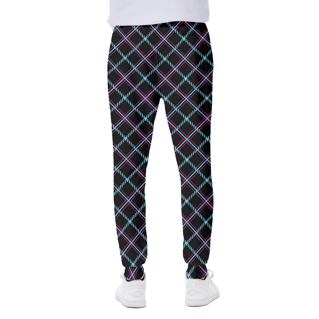 Black Blue And Pink Tartan Pattern Print Scuba Joggers