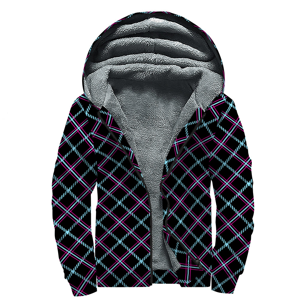 Black Blue And Pink Tartan Pattern Print Sherpa Lined Zip Up Hoodie