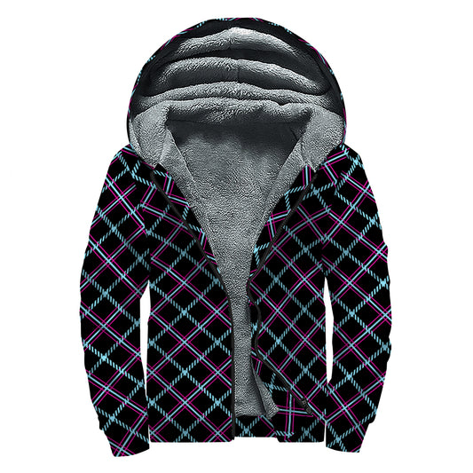 Black Blue And Pink Tartan Pattern Print Sherpa Lined Zip Up Hoodie