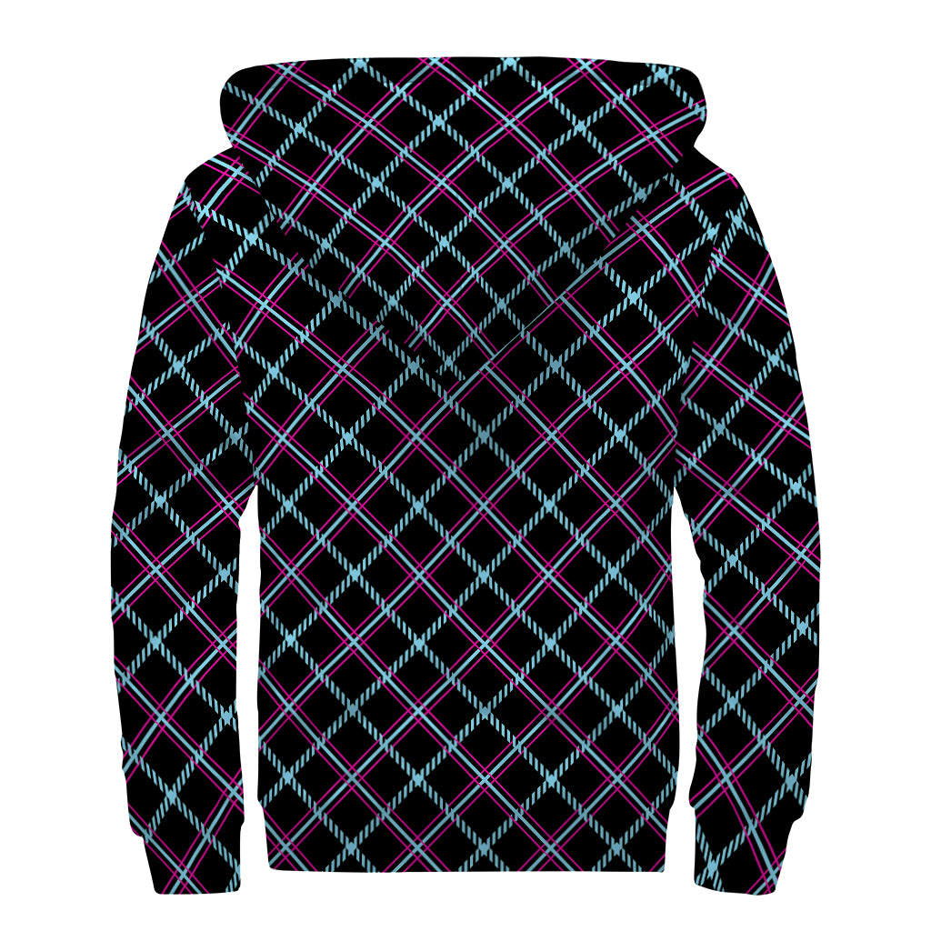 Black Blue And Pink Tartan Pattern Print Sherpa Lined Zip Up Hoodie