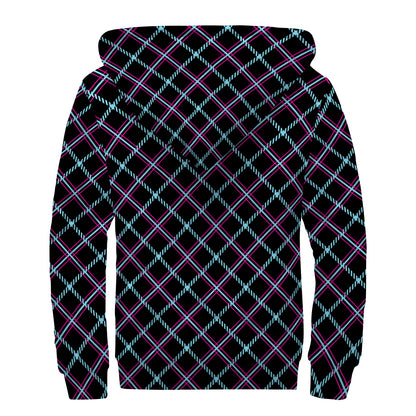 Black Blue And Pink Tartan Pattern Print Sherpa Lined Zip Up Hoodie