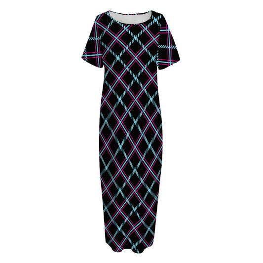 Black Blue And Pink Tartan Pattern Print Short Sleeve Long Nightdress