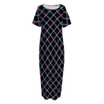 Black Blue And Pink Tartan Pattern Print Short Sleeve Long Nightdress